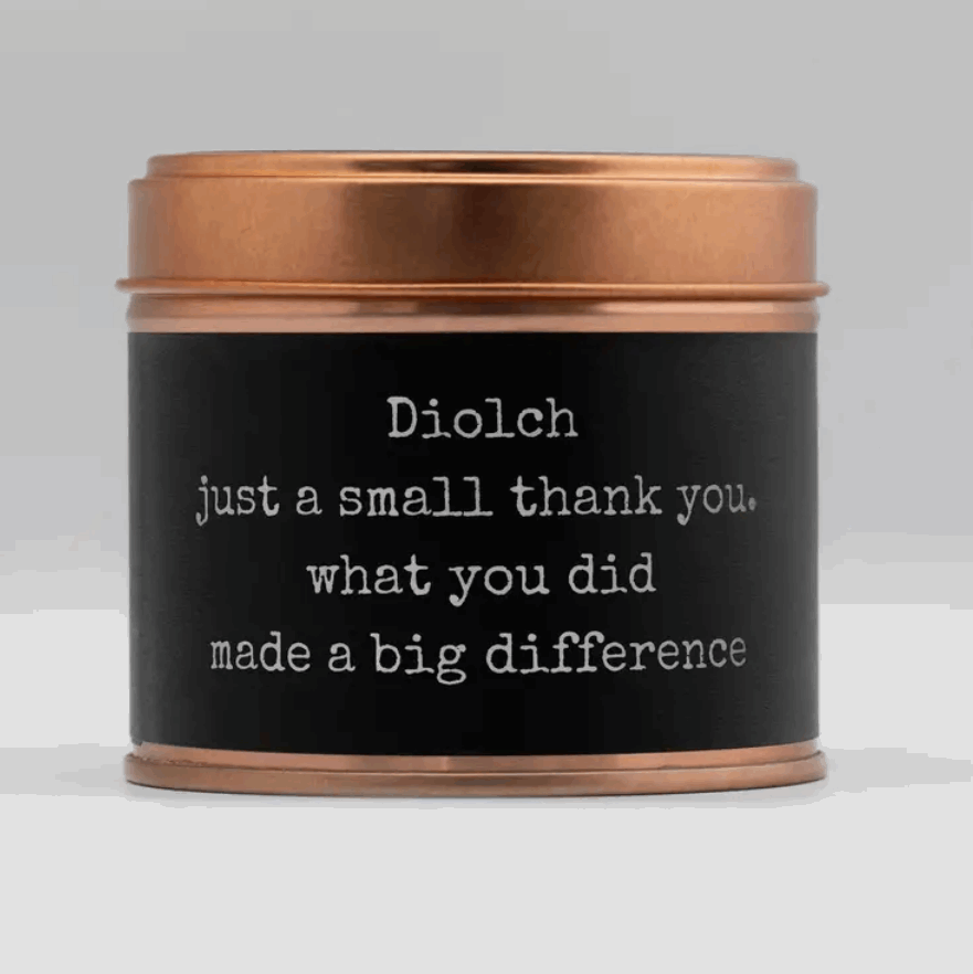 Diolch copper tin candle Back of tin
