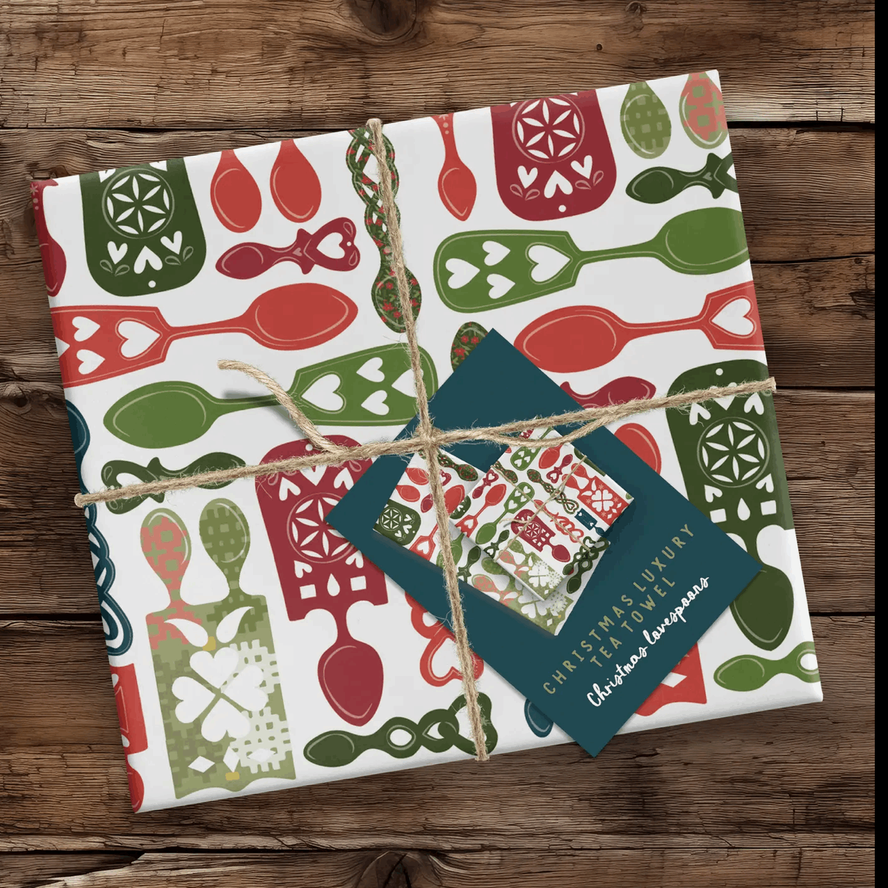 Festive lovespoons tea towel