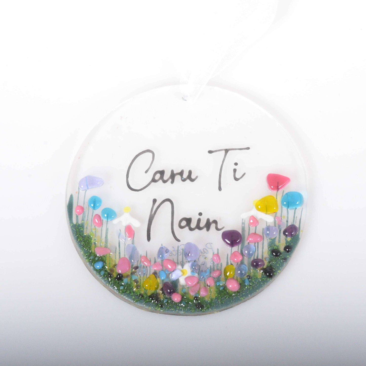 Handmade Fused Glass Hanging Welsh Decoration - Caru Ti Nain