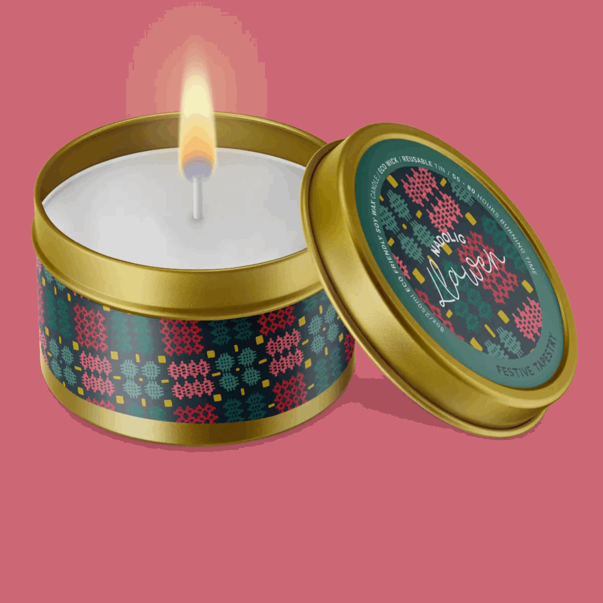 Nadolig Llawen Welsh tapestry tin candle