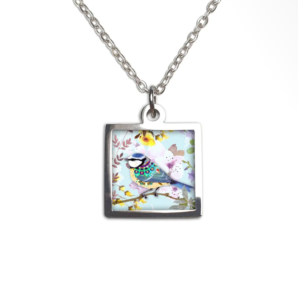 Stainless steel and walnut necklaces Blue tit