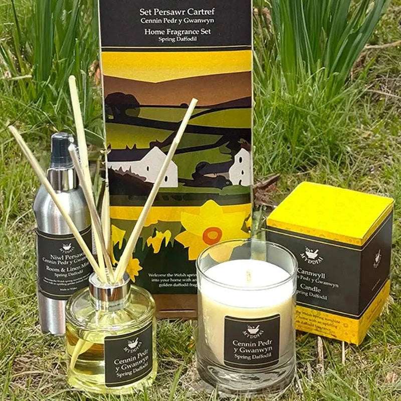 Daffodil fragranced home fragrance gift set containing room spray, reed diffuser and candle