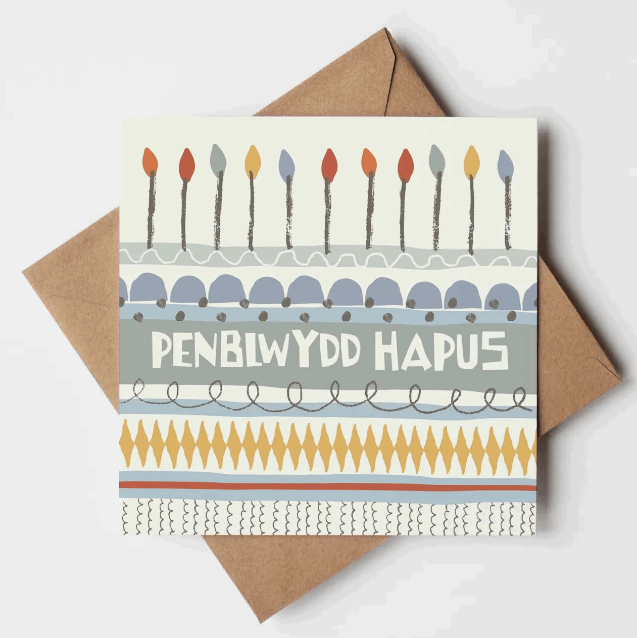 Welsh language birthday card with a cake and the text penblwydd hapus