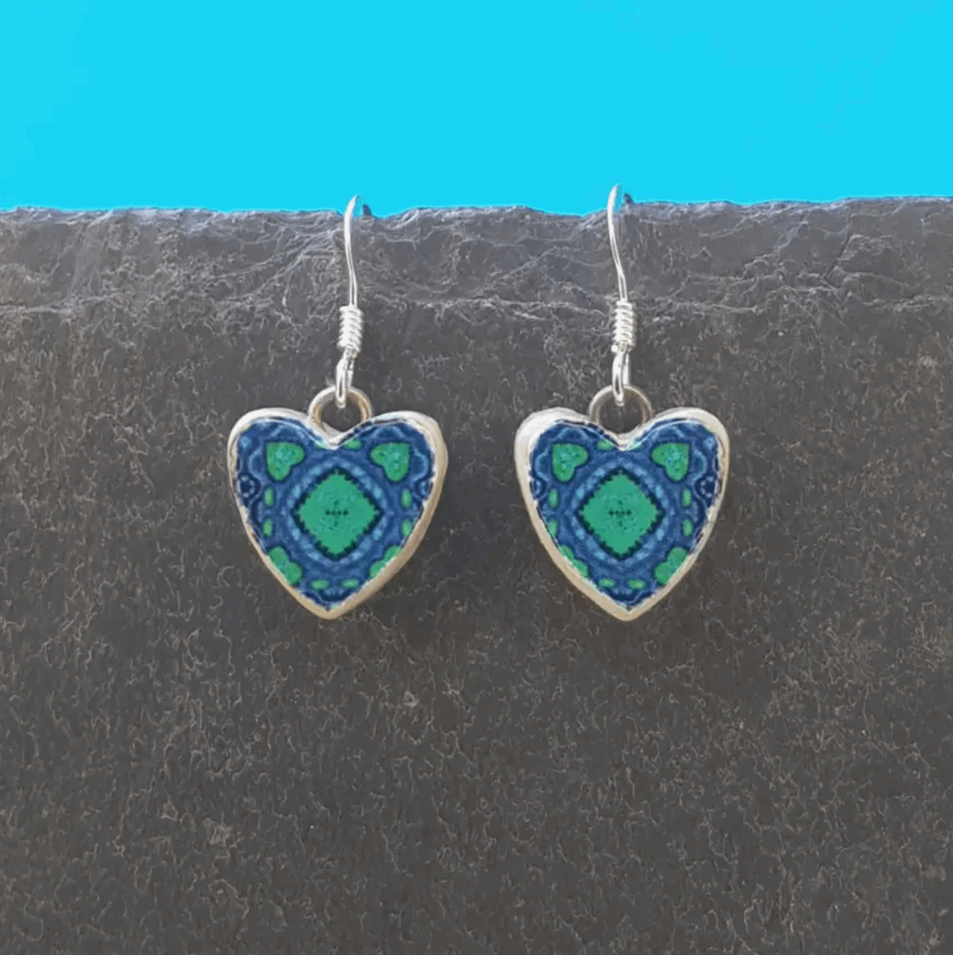 Blue and green Ceramic heart earrings