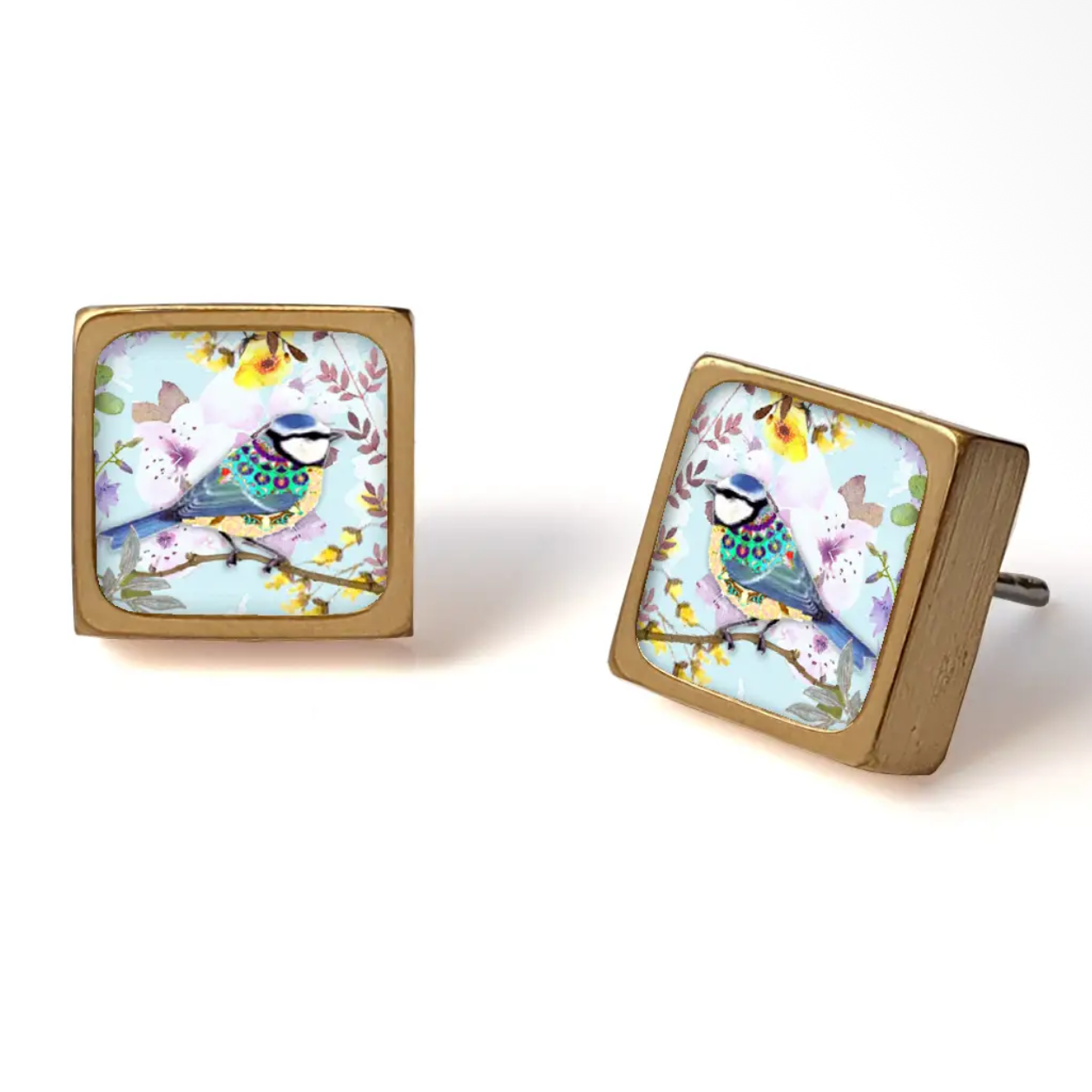 Blue tit gold plated stainless steel ceramic stud earrings
