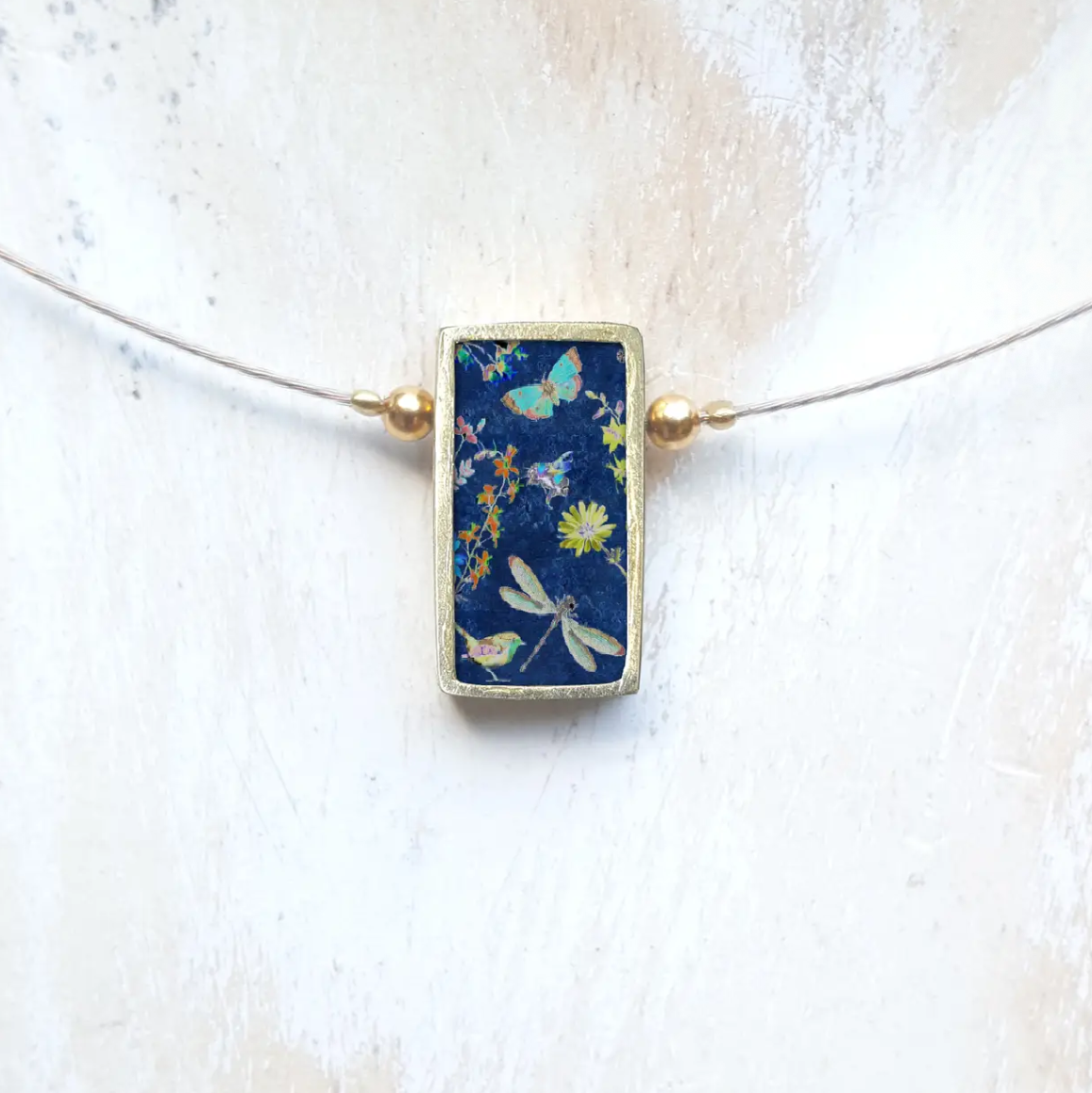 Brass framed ceramic dragonfly necklace