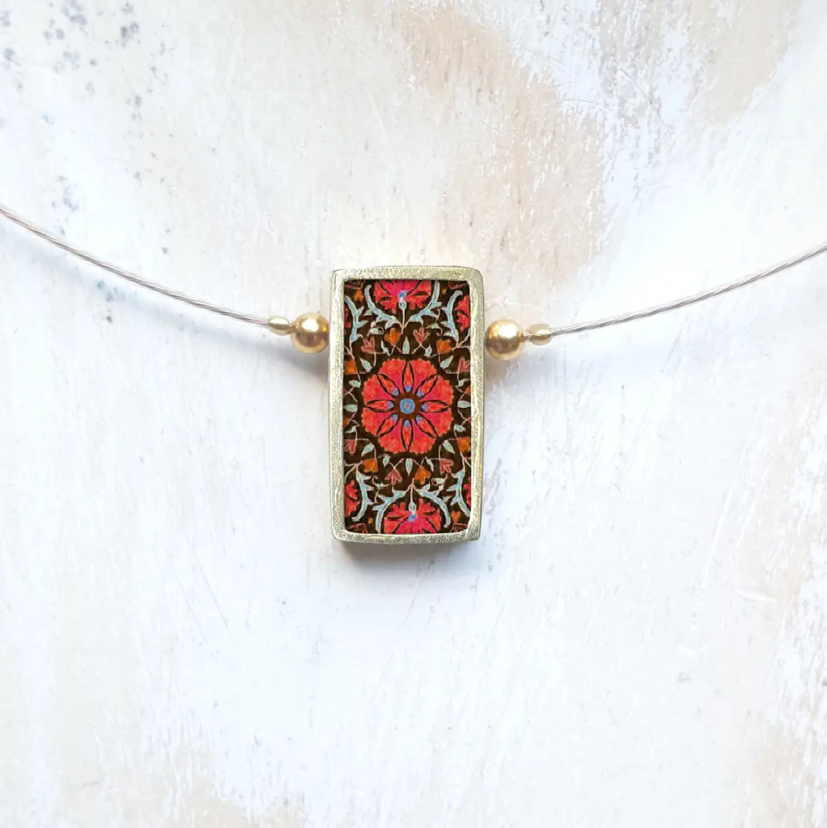 Brass framed red flower ceramic necklace