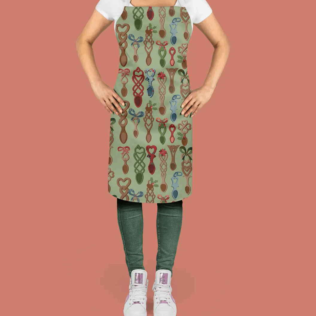 Festive Welsh lovespoon apron