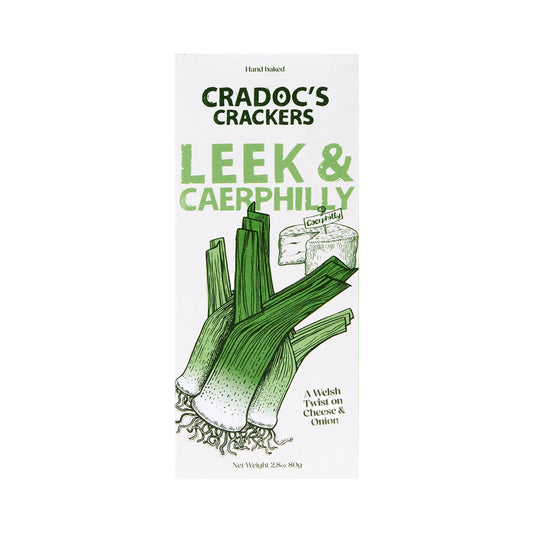 Cradoc's Crackers Leek & Caerphilly packaging on a green background