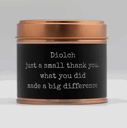 Diolch copper tin candle Back of tin