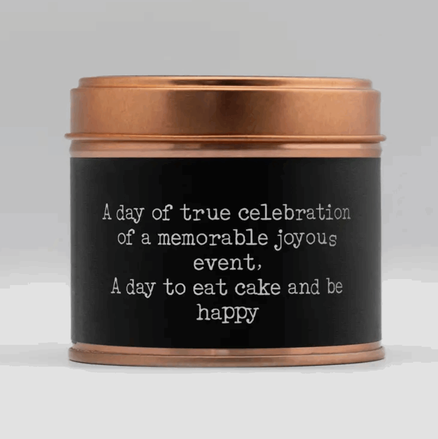Penblwydd hapus copper tin candle, back of candle tin