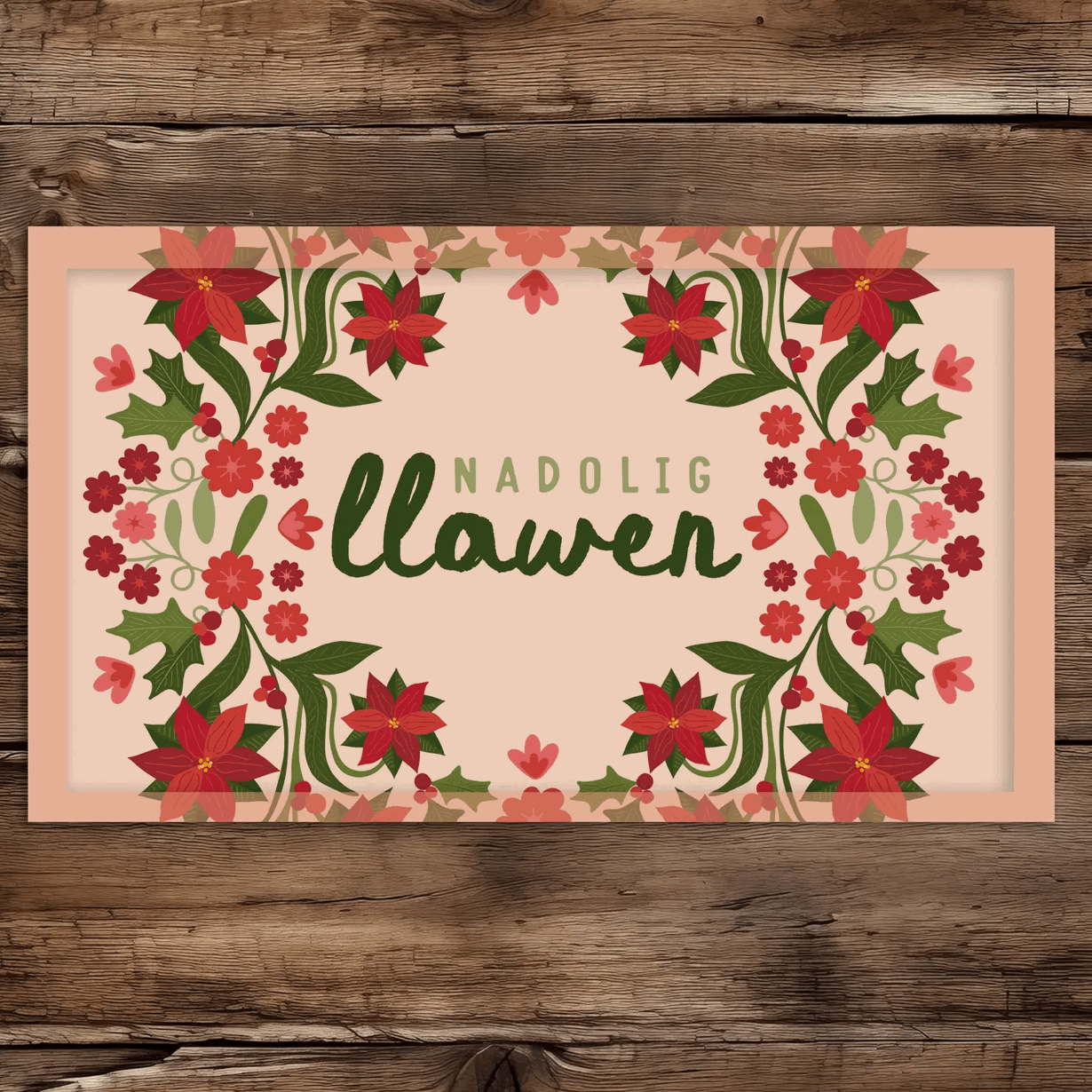 Pink poinsettia Nadolig Llawen door mat