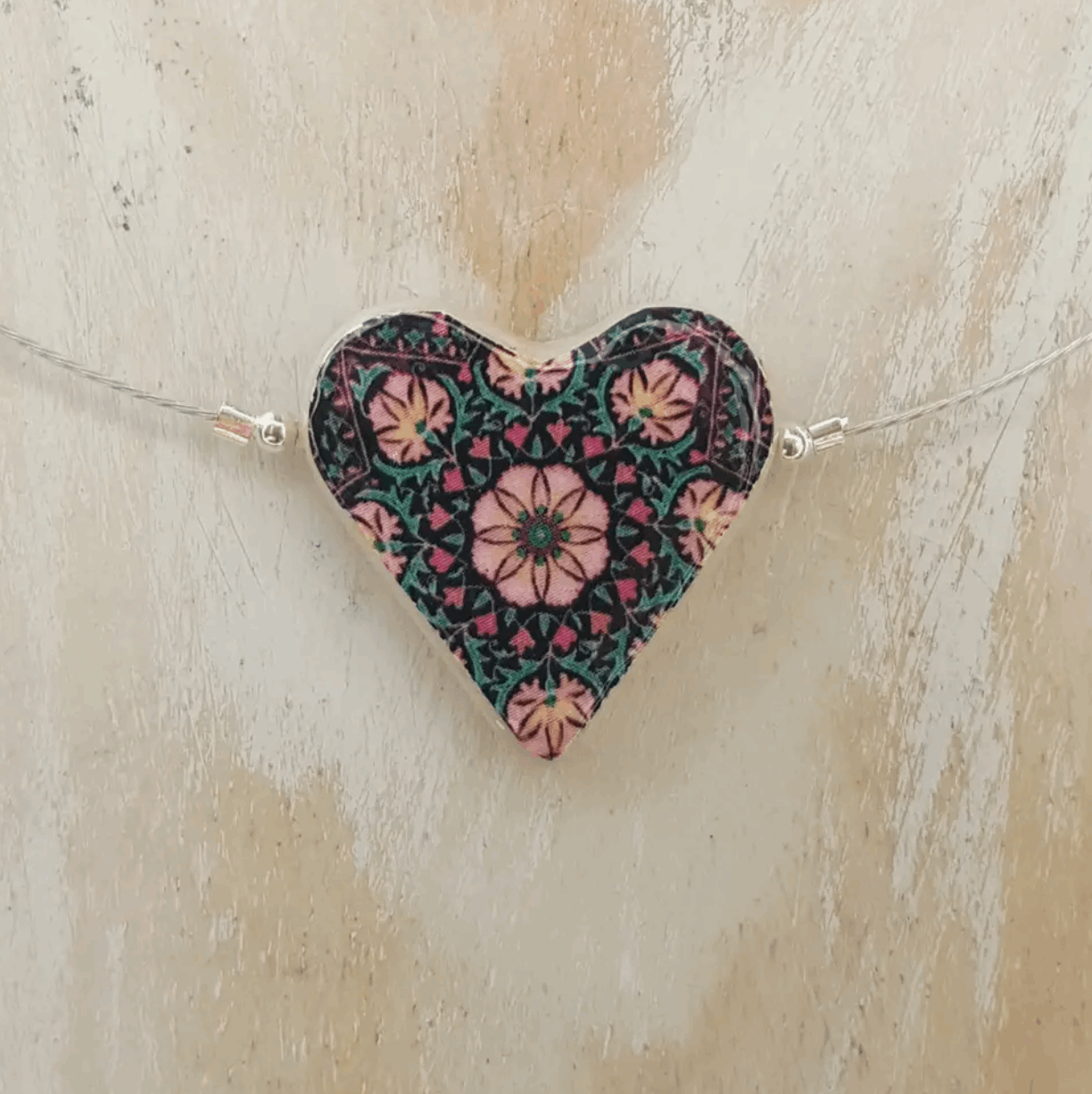 Red flower  heart ceramic on wire necklace