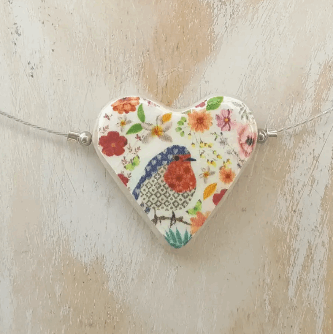 Robin heart ceramic on wire necklace