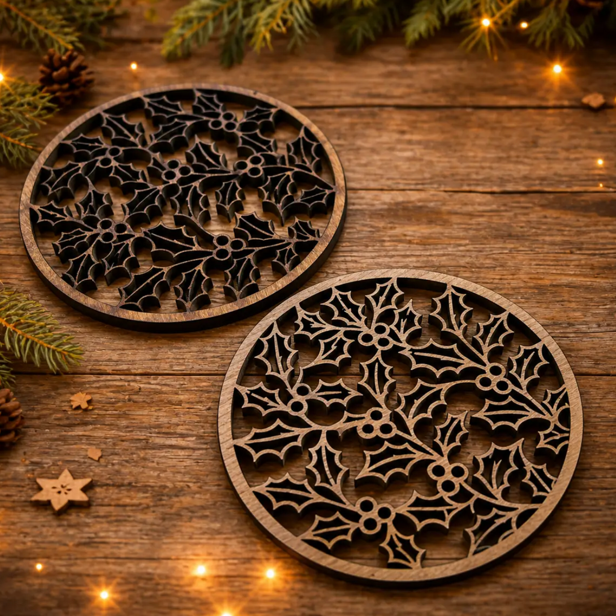 Set of two holly coasters 