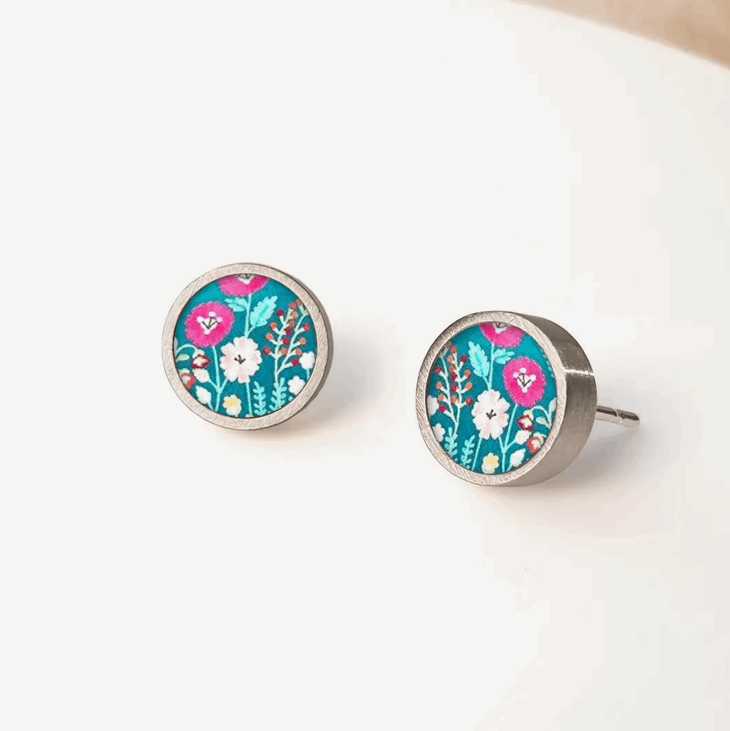 Teal floral Ceramic round stud earrings