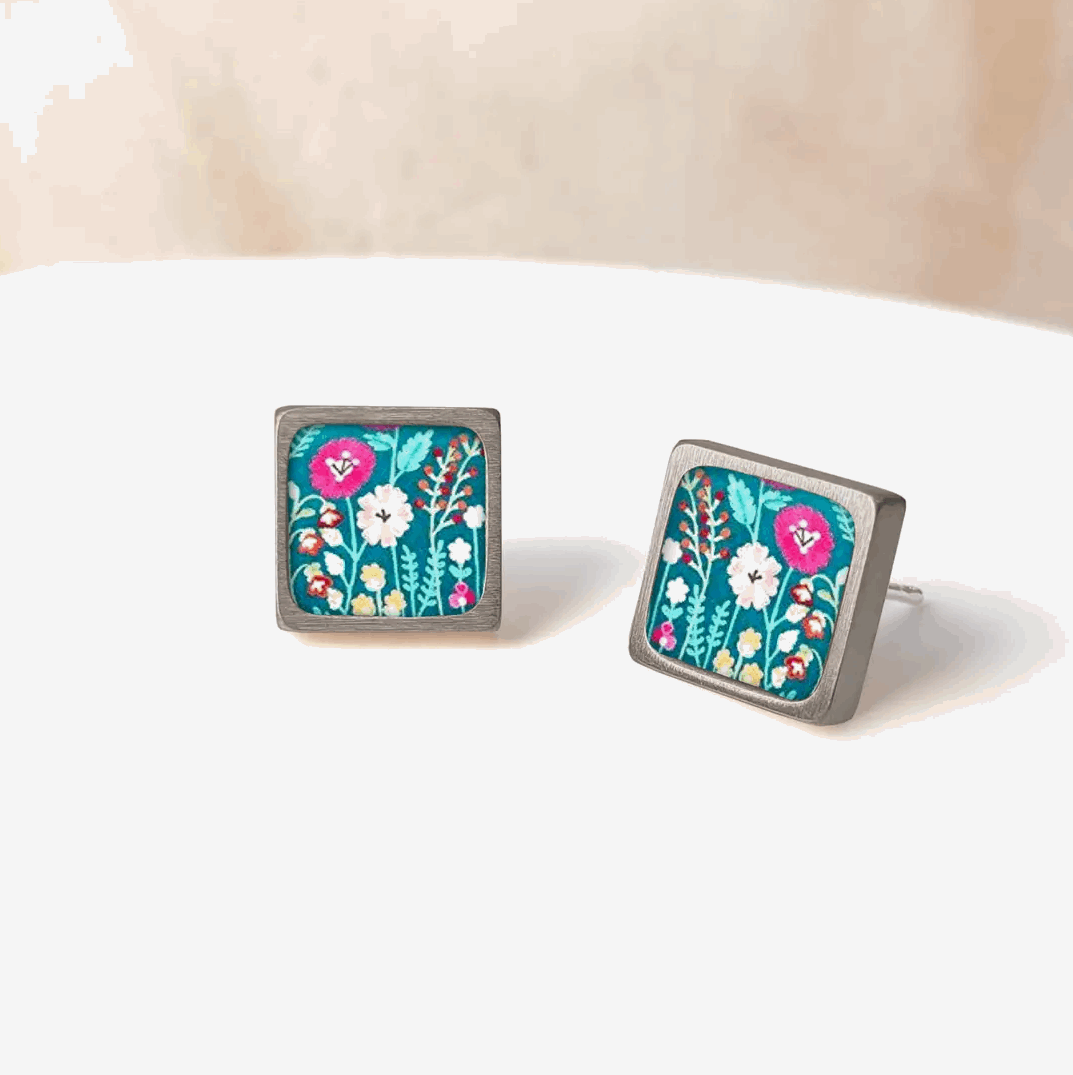 Teal floral Square ceramic studs