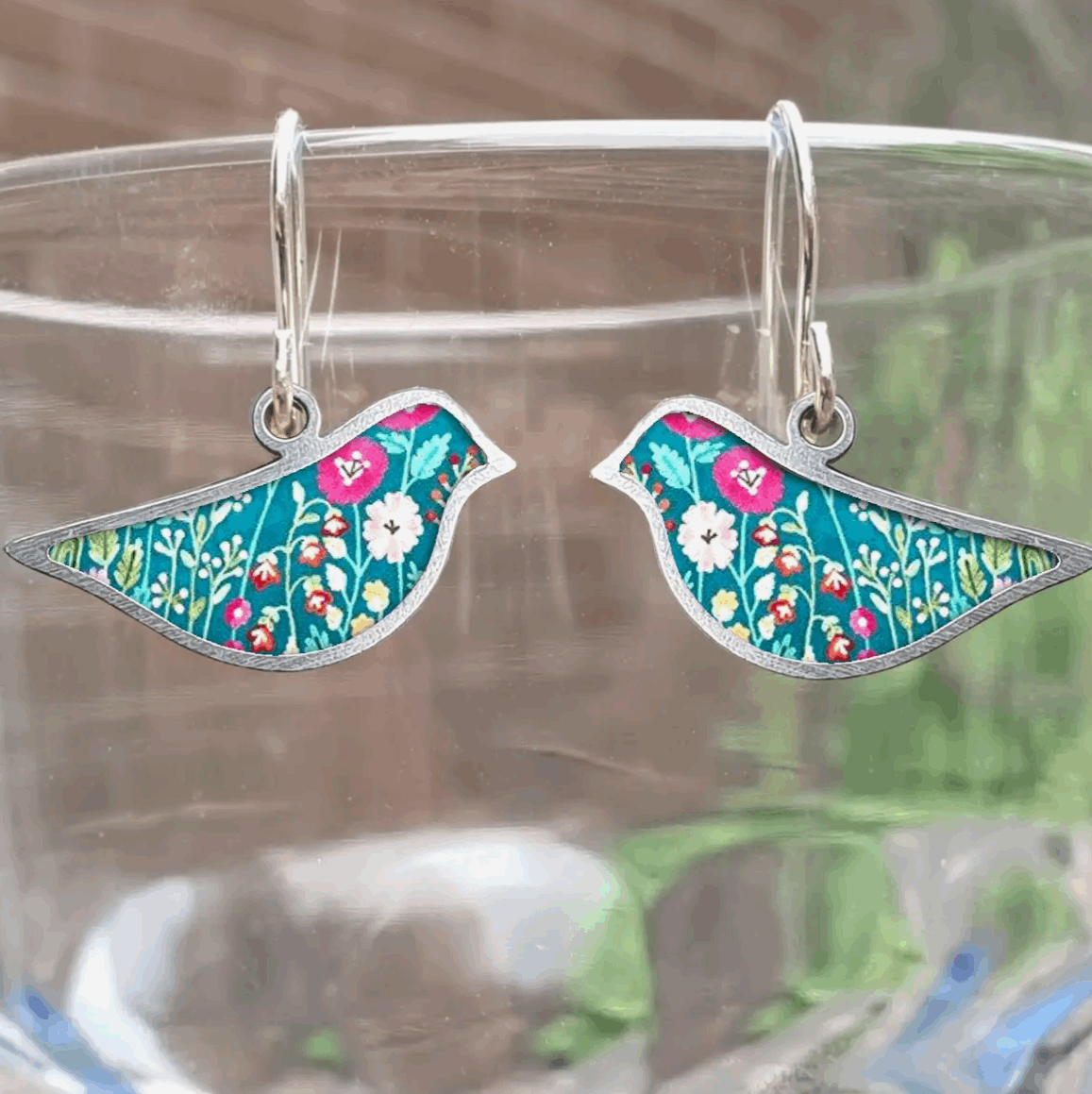 Teal floral bird earrings