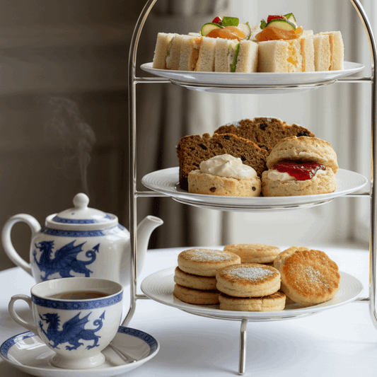 A three-tiered metal and white serving stand filled with assorted afternoon tea sandwiches, scones, and pastries, set on a white table beside a blue-and-white teapot and matching teacup.